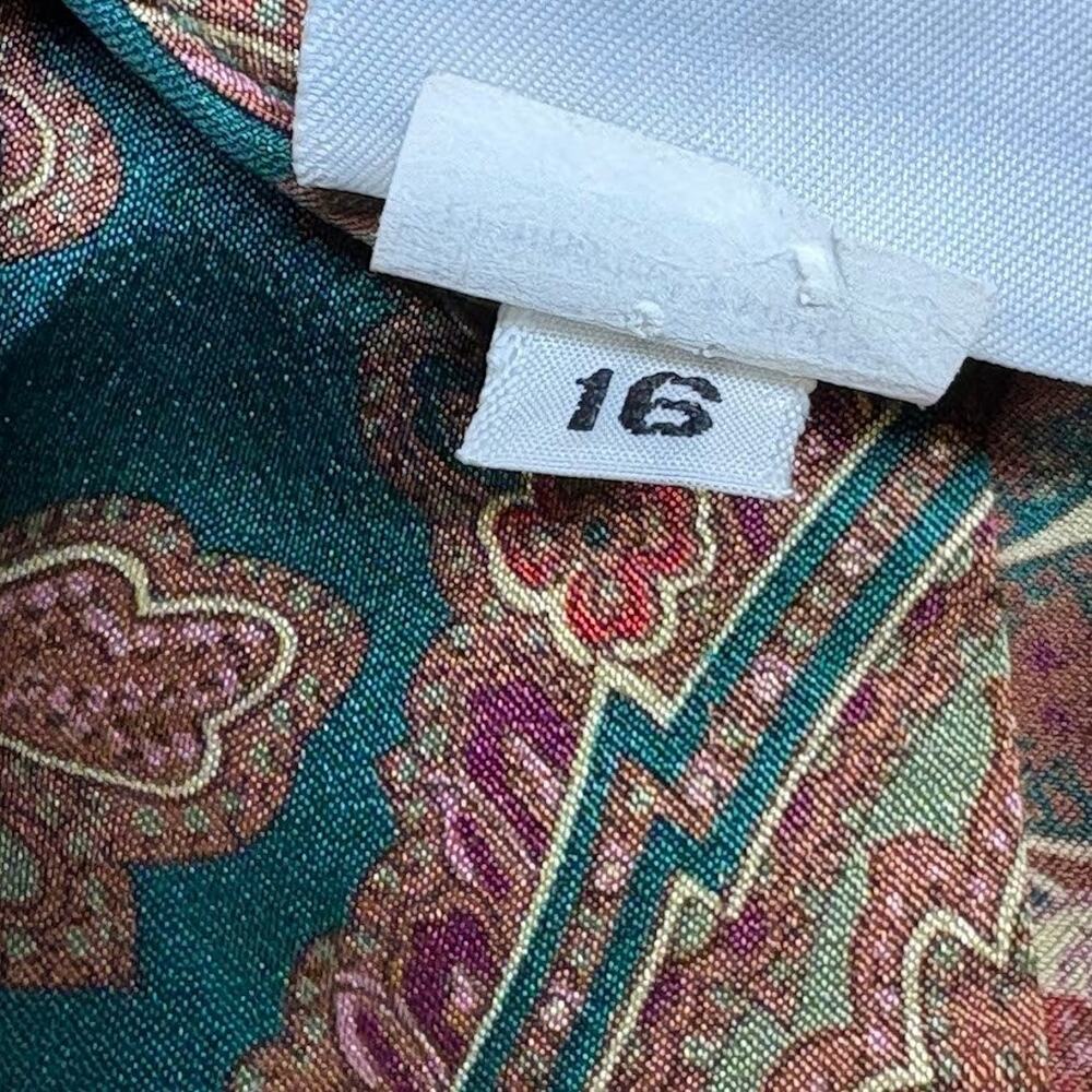 VTG RUSS Paisley Print Tie Neck Blouse Faux Silk Shirt Gold Green Womens Size 16 - Picture 5 of 12